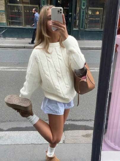 1pc Teen Girls Casual Solid Color Twist Rope Design Outdoor Christmas Atmosphere Pullover Warm Thick Knit Sweater, Autumn/Winter