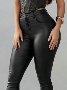 Apperloth A 纽扣门襟保暖内衬 PU 皮革紧身裤，女士春/秋季派对纽扣、前纽扣、口袋高腰紧身长款黑色常规版型女裤，休闲日常穿着 - 黑色 - 查看 4