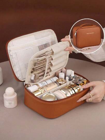 1 pièce Sac de maquillage multifonctionnel pour voyage, pochette de rangement cosmétique, sac organisateur de toilette imperméable, sac de maquillage grande capacité pour soins de la peau, cosmétiques, pinceaux de maquillage, poudre, rouge à lèvres, convient pour la plage, l'école, la salle de bain, les vacances, la Saint-Valentin, les cadeaux de Noël pour les mères, la famille, les amis, les camarades de classe