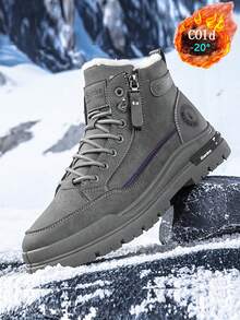Men's High-Top Leather Boots, Autumn/Winter New Arrival, Thermal Lined, Thick Sole, Increased Height, Non-Slip, Round Toe, Lace-Up, Side Zipper, Plus Size 46, Men's Boots, Mid-Calf, Fashion , Outdoor, Party, Street Style, Men's Outdoor Hiking Boots, Leather, Waterproof, Oil-Resistant, Men's Leather Shoes, Outdoor, Fashionable, Sports, Men's Anti-Puncture Anti-Crush Work Boots, Outdoor Desert Boots, Motorcycle Boots, Warm Fur Boots Suitable For -40°C - Grey - View 3