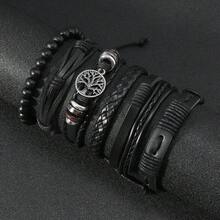 6pcs Vintage PU Woven Tree Of Life Beaded Bracelet Set, Unisex, Suitable For Fathers Day, Boyfriend Gift, Daily Wear - màu đen - Xem 2