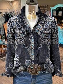 [Vintage Paisley Blouse] Vintage Paisley Print Women's Ruffle Collar Blouse | Long Sleeve Button-Up Shirt With Decorative Belt, Blue & White Floral Pattern, Perfect For Fall/Winter, Autumn Winter Apparel - Xám đậm - Xem 1