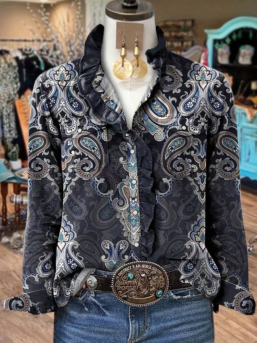 [Vintage Paisley Blouse] Vintage Paisley Print Women's Ruffle Collar Blouse | Long Sleeve Button-Up Shirt With Decorative Belt, Blue & White Floral Pattern, Perfect For Fall/Winter, Autumn Winter Apparel - Xám đậm - Xem 1