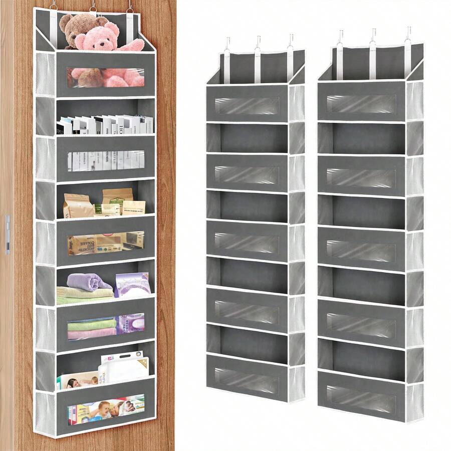 2 Packs 5-Tier Over The Door Storage Organizer With 10 Side Mesh Pockets, 48 Lbs Load Capacity, 3 Hooks Design, Hanging Organizer With Clear Windows For Bathroom, Bedroom, Nursery, Kitchen-Black - Màu Xám nhạt - Xem 1