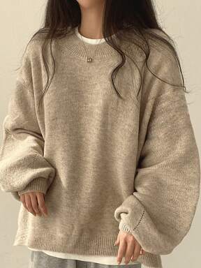 EAVA 秋冬韩版简约圆领毛衣，优雅宽松百搭喇叭袖侧开衩套头针织衫，适合女性，情人节，情人节女装，情人节服装