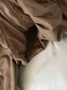 FGGG Brown Short Suede Jacket For Women Autumn Winter Stitched Collar With Long Sleeves Relaxed Fit Versatile Layering Women's Top For Casual Outings Gatherings And Commuting