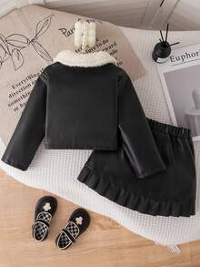 女童时尚拼布领仿皮夹克和百褶裙户外度假装，秋冬 - 黑色 - 查看 2