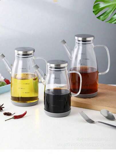 1 High Borosilicate Transparent Glass Oil Bottle With Lid, No Oil Leakage, No Sliding, Seasoning Bottle With Scale, Machine Washable, No PVC, Round Olive Oil Container, Suitable For Barbecue And Cooking, 1 Piece (20.29/27.05/33.81 Ounces)