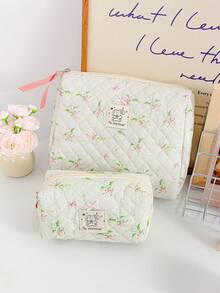 Lily Of The Valley Print Makeup Bag Foam Quilted Cosmetics Storage Bag Fresh Green Flower Pattern Toiletry Bag Large Capacity Cosmetics Storage Bag Set Portable Handheld Travel Makeup Pouch Pink Bow Decor Skincare Storage Bag Girlish Makeup Clutch Bag - Green - View 15