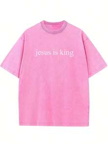Comfortable Color Jesus Is King Shirt, Christian Shirt, Religious Shirt, Jesus Lover Shirt, Christian Shirt Easter Theme Activity Gift Double Cotton Drop Shoulder T-Shirt Men's Retro Street Basic T-Shirt Loose Hip-Hop Unisex Top Washed T-Shirt - Màu Hồng Tươi - Xem 6