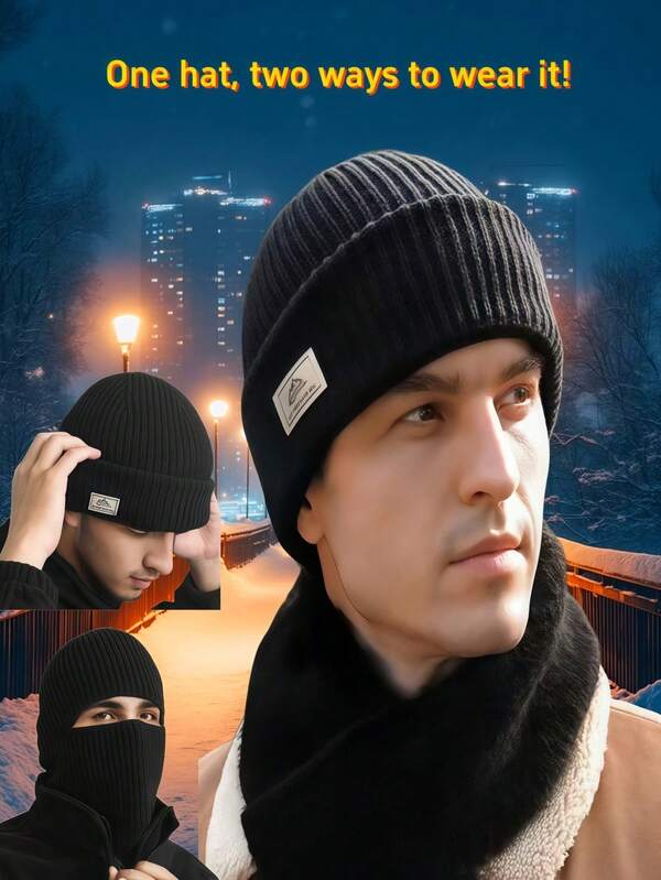 1 Stück handgestrickter Hut, Gesichtsmaske, Beanie, Skimaske, Halloween & Weihnachtsgeschenk, 2-in-1 Design, wandelbar zur Gesichtsmaske, geeignet für Herren & Damen, Herbst/Winter Outdoor, Radfahren, Sport, Skifahren und Arbeit, windundurchlässig & warm