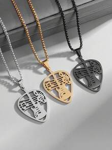 SeuSuk 1pc Stainless Steel Music Guitar Plectrum Note Pendant Necklace, Unisex Hip Hop Rock Party Jewelry Gift