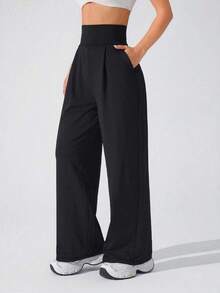 Freedom Pantalones deportivos de cintura alta, unicolor, con pliegues y bolsillos, pernera ancha para mujer con diseño cruzado para actividades, aptos para pádel, tenis, pickleball, gimnasio y fitness en otoño e invierno - Negro - Ver 6