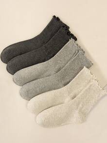 1 Pair/6 Pairs Women's Multi-Color Ruffle Trim Mid-Calf Socks, Warm And Cute Lace Socks For Autumn/Winter - Multicolor - View 22