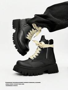 SLnU3 SLnU 3 Men's Fashion Casual Thick Sole Height-Increasing Boots Creative Personalized Design Lace-Up Double Zipper Punk Hip-Hop British Street Outdoor Versatile All-Season Style - Black - View 6