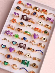 20 piezas Anillos de mujer de aleación de moda con esmalte, forma irregular de corazón y flor, incrustados con cristales, mariposa colorida, joyería exquisita para vacaciones, viajes, fiestas, cumpleaños y uso diario