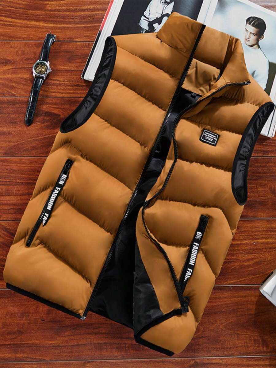 Men's Sleeveless Vest Warm Zip-Up Stand-Collar Jacket With Zipper Pockets For Autumn And Winter - Nghệ - Xem 1