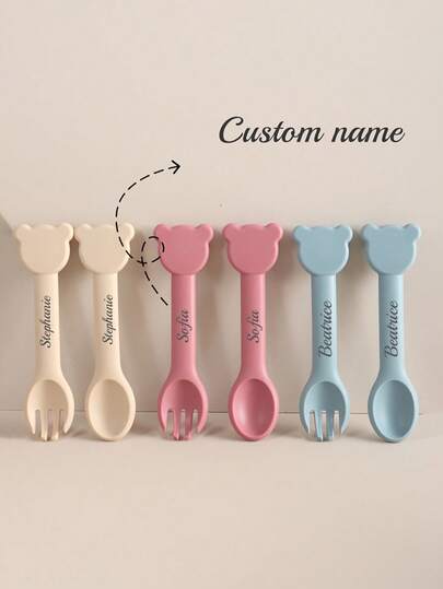 طقم ملعقة وشوكة سيليكون ذات مقبض طويل - رأس من الفولاذ المقاوم للصدأ 316، أدوات تغذية الأطفال الذاتية الملعقة والشوكة