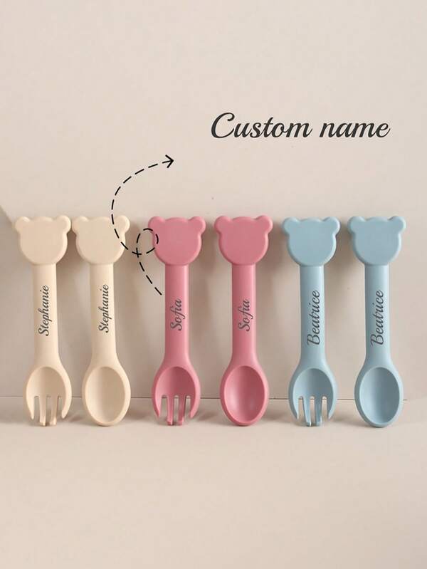 Set de cuillère et fourchette en silicone à long manche - Tête en acier inoxydable 316, ustensiles de sevrage pour bébé, set de cuillère et fourchette pour l'alimentation autonome