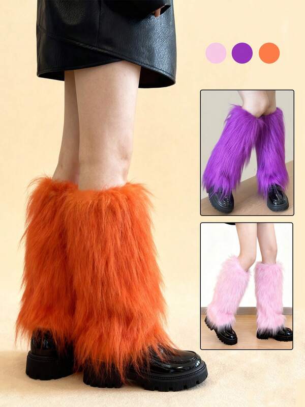 1 par de capas de perna estilo punk Y2K - capas de perna quentes de pele artificial colorida, cor sólida quente, adequado para mulheres, lavável apenas à mão, tema de fantasia, acessório moderno, design fácil, textura macia, meias, meias femininas, fofinhas, meias quentes, capas de perna quentes, acessórios de cena