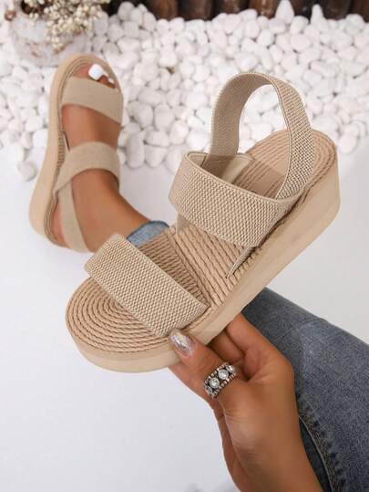 Women's Simple Double Strap Wedge Thick Sole Sandals, Black Flat Sandals, Fashion Wedge Outdoor Beach Holiday Wear