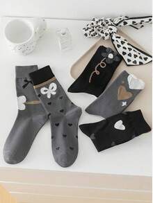 5 双女士中筒袜，简约蝴蝶结心形图案，成人和学生袜，适合所有人，所有季节 - 彩色 - 查看 4