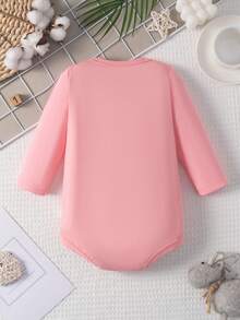 100% Cotton Baby Jumpsuit With "I LOVE MY GIGI & PAPA" Letter Print, Casual Versatile Round Neck Long Sleeve Triangle Jumpsuit, For Spring/Autumn/Winter Wear - 粉色 - 查看 2