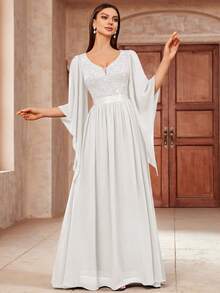 MIUSOL Deep V-Neck Sequin Patchwork Floral Lace Chiffon Formal Party Maxi Dress, Elegant Women's Party Gown - White - View 7