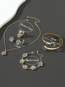 1 Necklace With Lucky Clover Pendant, 1 Bracelet, 1 Pair Earrings, 1 Ring, 1 Bangle Jewelry Set For Women - Colorful - View 4