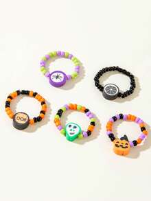 5 Pieces /Set Halloween Pumpkin Beaded Ring Cartoon Fun And Funny Skull Spider Elastic Resin Ring Set