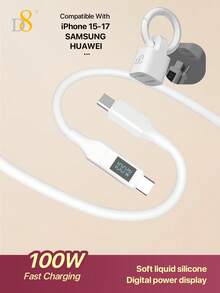 D8 100W 硅胶数字显示 USB-C 数据线 | 超快充电和数据传输二合一 | 数字屏幕实时显示充电状态和功率 | 柔软硅胶材质，抗紫外线，耐磨损，3 英尺长，适合家庭/办公室使用 | 兼容 17/16/15 Pro Max/Air、iPad Pro/Air/Mini | 也兼容三星 S24/S23/S22、14/13、Xperia 和所有安卓手机 - 彩色 - 查看 15