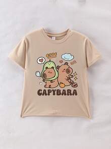 Girls' Cartoon Capybara Print Round Neck Short Sleeve T-Shirt, Casual Tee For Spring & Summer - Apricot - View 2