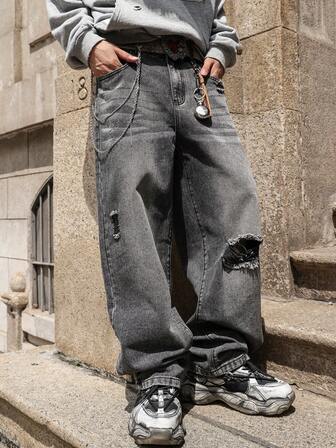 Jeans rectos de pierna suelta con lavado vintage y desgastados para hombres, jeans de estilo versatil y de calle Y2K, adecuados como regalo para novio o esposo