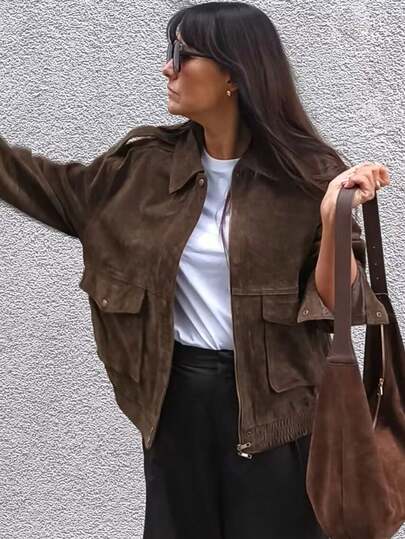 Women Fashion Suede Jackets Lapel Long Sleeve Loose Zipper Coats Apring Autumn Vintage High Street Lady Outwear