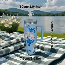 1pc,40 Oz H2.0 Cup,Camping Full Body Floral Pattern, 40oz Cup Stainless Steel Vacuum Insulated Tumbler With Lid And Straw For Water, Iced Tea Or Coffee, Smoothie And More, 40oz Reusable Double Walled Vacuum Insulated Stainless Steel Water Bottle With Handle For Outdoor Activities, ,  For Camping, Hiking, Can A Gift For Friends And Relatives - 40oz繁花粉 - 查看 2