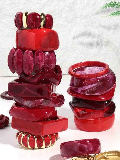 1 pezzo Set di braccialetti a fascia geometrici asimmetrici in acrilico vintage, serie rossa, adatto per feste, eventi e uso quotidiano delle donne