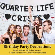 25th Birthday Decorations For Him And Her Black Glitter Quarter Life Crisis Banner Cheers To 25 Years Ideal For Indoor/Outdoor Celebrations @Dfd Bnnjm - 黑色 - 查看 4