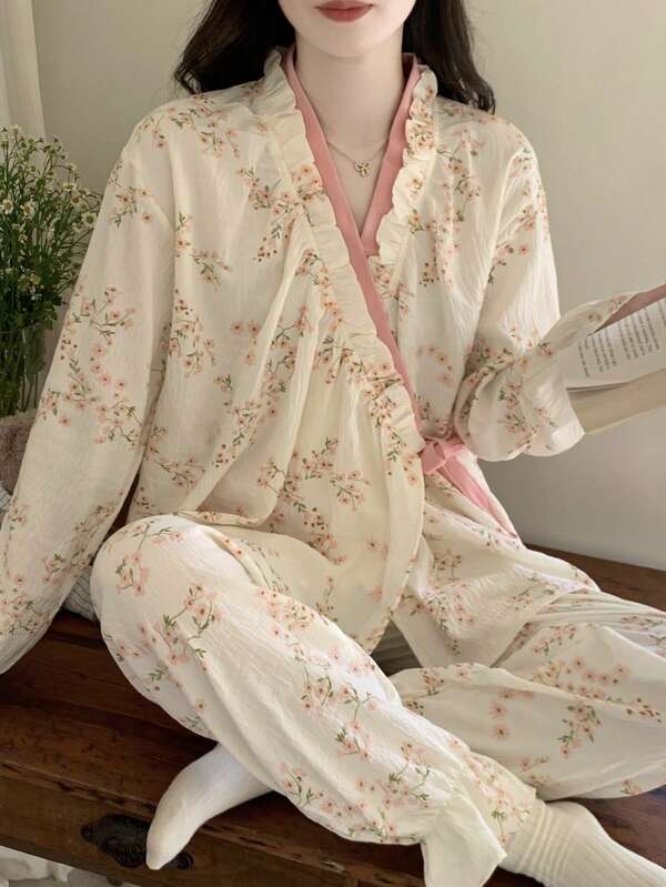 2pcs Women Sleepwear Set, V-Neck Cardigan Pajama Top With Long Sleeve, Ditsy Floral, Lace Trim, Tie Waist, Matching Cartoon Print Pants, Comfortable & Fashionable For Home, Spring/Autumn/Winter