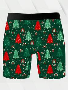 Naughty And Cute Home Leisure Men's Long Boxer Briefs, Milk Silk Knitted Fabric, Soft And Skin-Friendly, Quick-Drying And Breathable, Christmas Tree Pattern Print, Christmas Gift, 1 Pack Men's Novelty Shorts