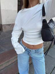 Nowa, stylowa bluzka z falbanką w jednolitym kolorze, elegancka, z długim rękawem i okrągłym dekoltem, idealna na wakacje, randkę, do szkoły, w podróż i na co dzień