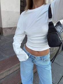 New Stylish Solid Color Ruffle Trim Elegant Long Sleeve Round Neck Blouse, Suitable For Vacation, Date, School, Travel, And Daily Wear - White - View 1