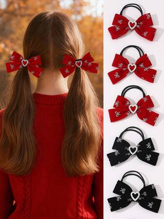 Conjunto de 2/4 elásticos de cabelo em formato de coração com laço de fita para meninas, adequado para decoração diária