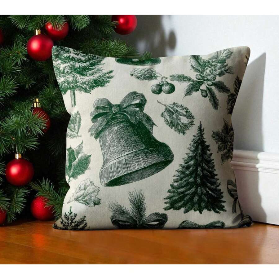 1pc Faux Linen French Christmas Throw Pillow Cover, Vintage Green Pillow Case, Festive Holiday Bells & Holly Leaves Pillow Case New Year Pillow Cover18*18 Winter Decor Farmhouse Christmas Gift New Year Gift Christmas Decor Happy Holidays Pillow Cases Home Decor Living Room Decor Christmas Style Pillow Cover New Year Pillow Cover Single-Sided Printed Without Zipper - 2 - 查看 1
