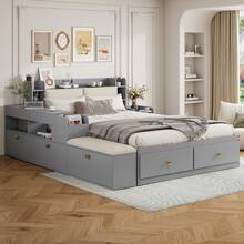 Solid Wood Combo Bed 140*200cm, Headboard With Built-In Storage Compartment, With Drawers, With Bedside Table, With Storage Cupboard, With Sofa Bench, Storage Bed Double Bed Storage Bed Tatami Bed, Grey