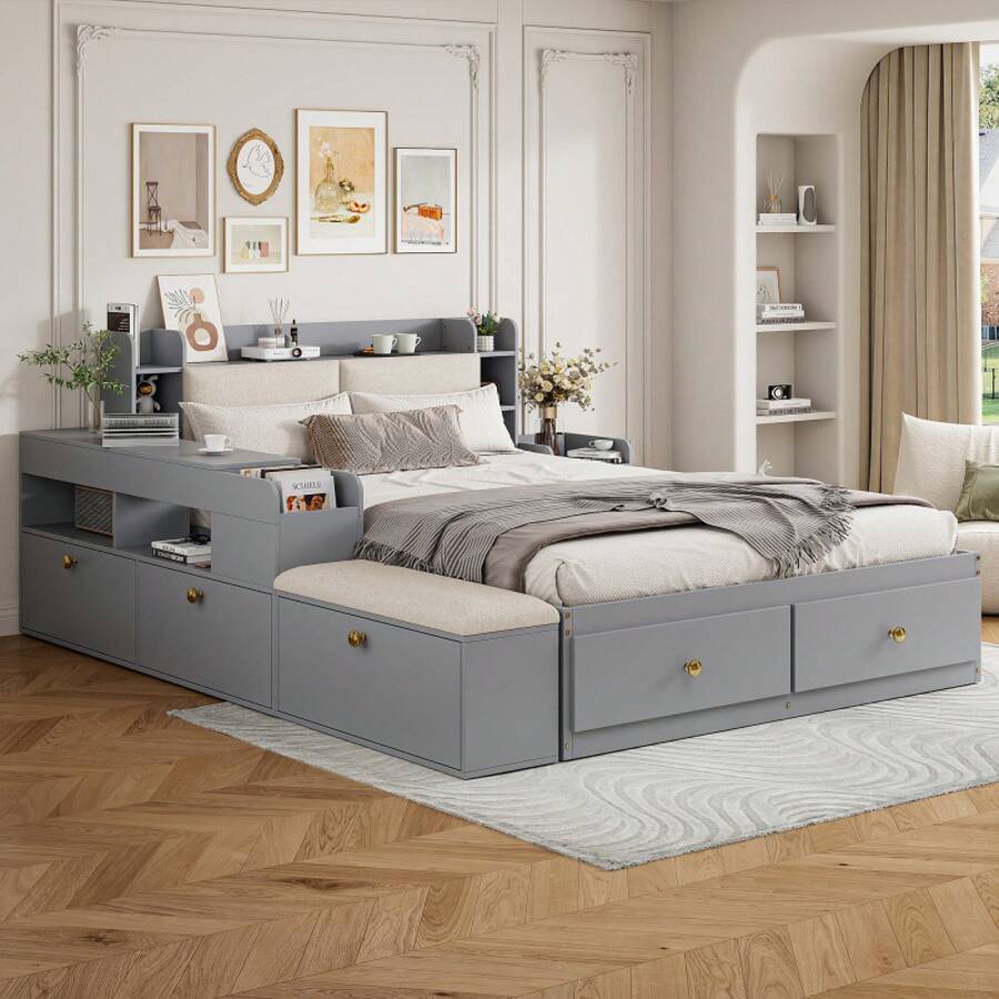 Solid Wood Combo Bed 140*200cm, Headboard With Built-In Storage Compartment, With Drawers, With Bedside Table, With Storage Cupboard, With Sofa Bench, Storage Bed Double Bed Storage Bed Tatami Bed, Grey