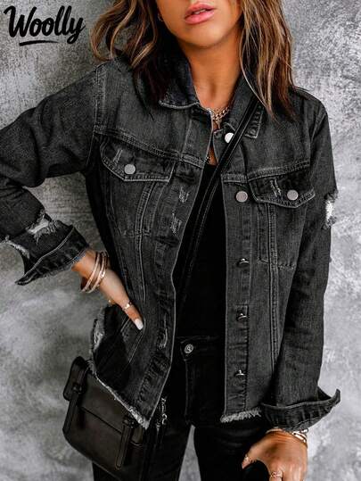 女士磨損破洞夾克外套