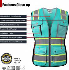 HATAUNKI High Visibility Reflection Peacock Mesh  Vests With 8 Pockets And Front Zipper, Hi Vis  Vest For Women, Meets ANSI/ISEA Standards(Peacock-16,L),24200041 - 藍色 - 查看 5