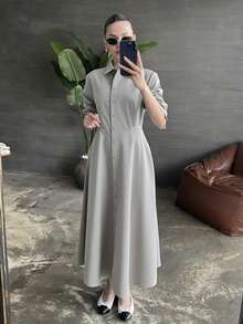 SuofeiMan Abito lungo donna semplice con colletto alla coreana, monopetto, tinta unita, abito camicia casual elegante snellente a maniche lunghe, outerwear e outfit casual quotidiano - Grigio - Visualizzare 2