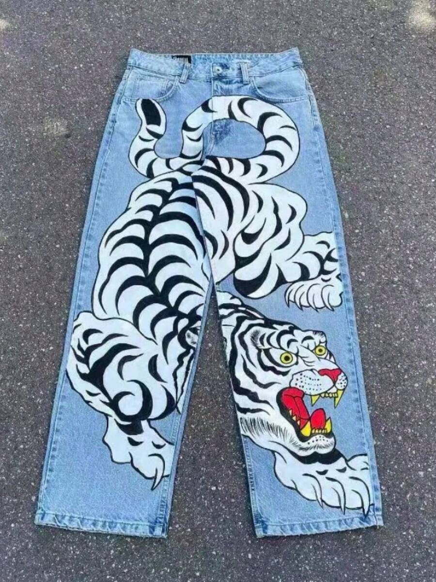 Men's Straight Trousers Hip-Hop Jeans HIPHOP Hip-Hop Graffiti White Tiger Print Loose Wide Legs - Màu xanh da trời - Xem 1
