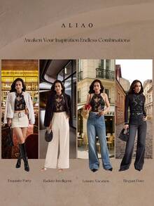 Aliao 花卉钩编网纱刺绣优雅3D透视吊带背心，性感女式上衣，夏季服装，浪漫婚礼季，花卉图案上衣，端庄上衣，新年装扮